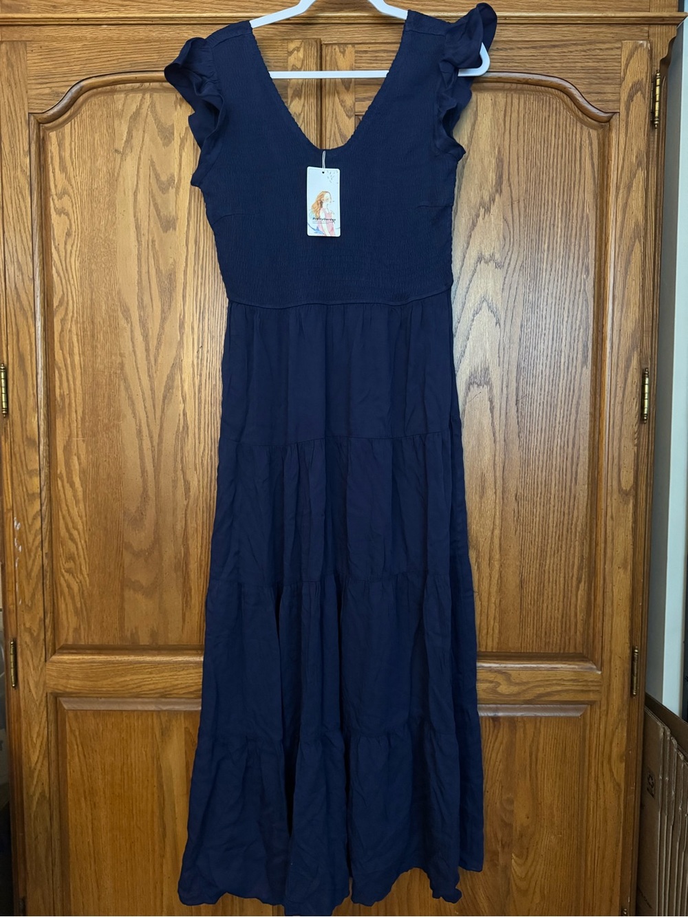 Sleeveless Ruffle Midi Dress in Navy
